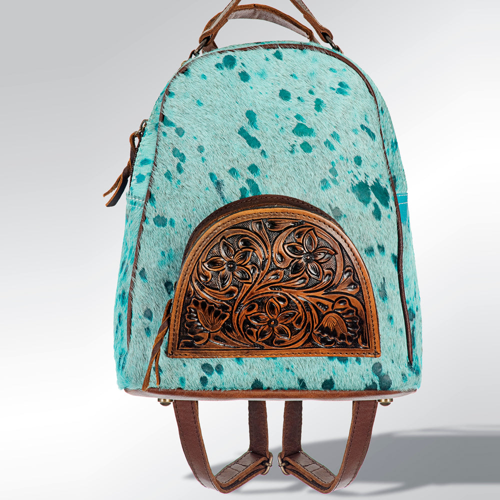 ADBGS156 Natural Cowhide Leather Backpack with Hand-Tooled Floral Pocket - Western Style