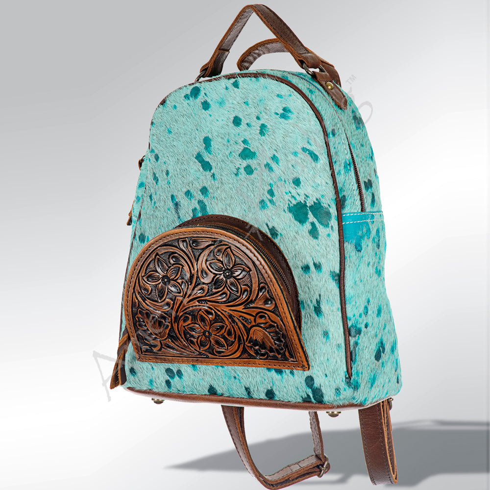 ADBGS156 Natural Cowhide Leather Backpack with Hand-Tooled Floral Pocket - Western Style