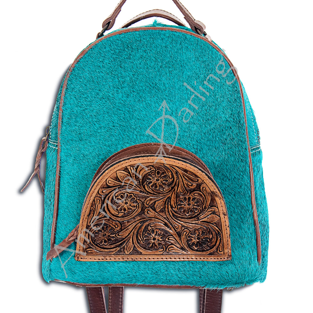 ADBGS156 Natural Cowhide Leather Backpack with Hand-Tooled Floral Pocket - Western Style