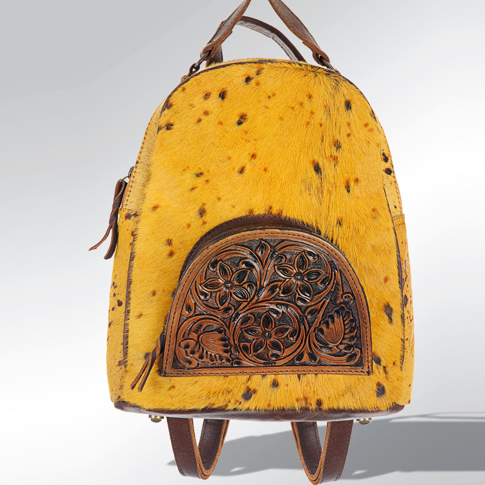 ADBGS156 Natural Cowhide Leather Backpack with Hand-Tooled Floral Pocket - Western Style