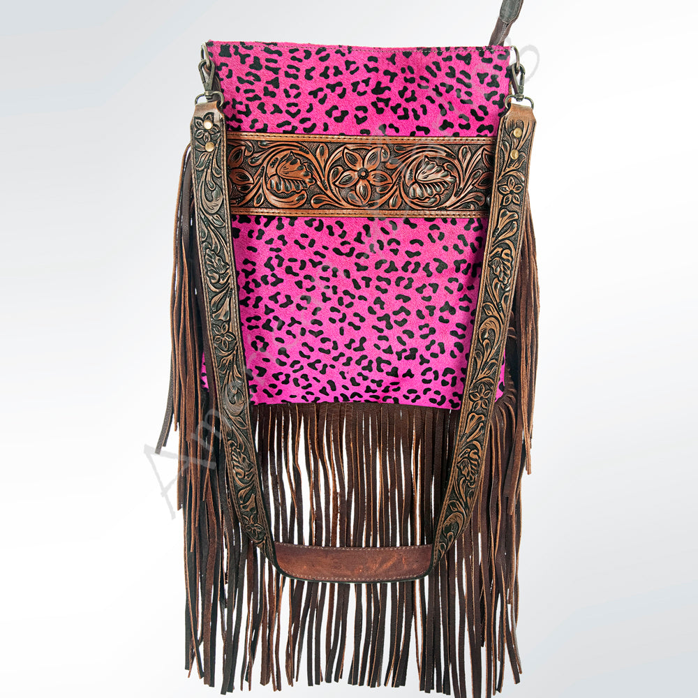 ADBGS192 Cowhide Large Crossbody Bag with Tooled Patch, Fringe & Floral Strap - Western Purse