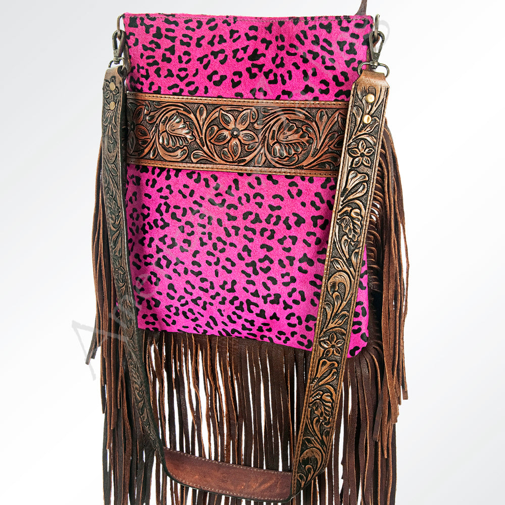 ADBGS192 Cowhide Large Crossbody Bag with Tooled Patch, Fringe & Floral Strap - Western Purse