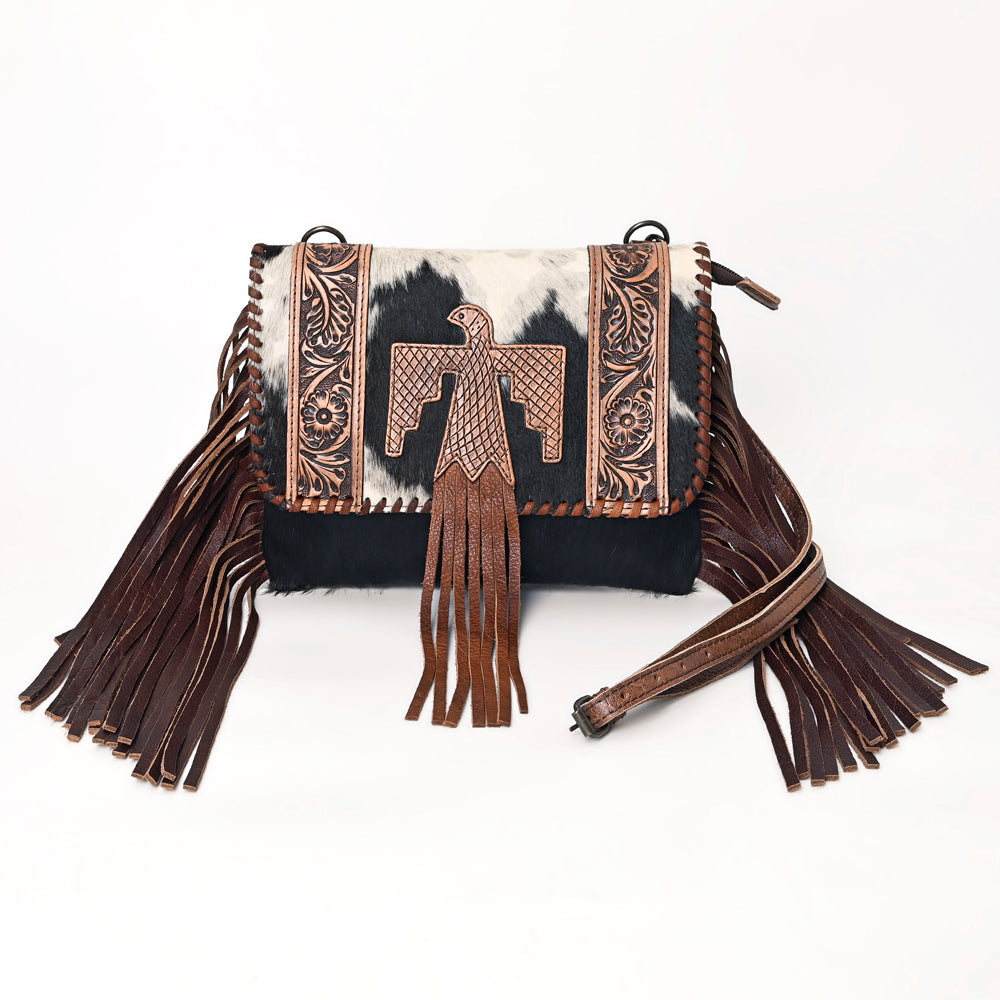 ADBG499BRW Tooled Leather Thunderbird Crossbody Bag with Fringe & Cowhide