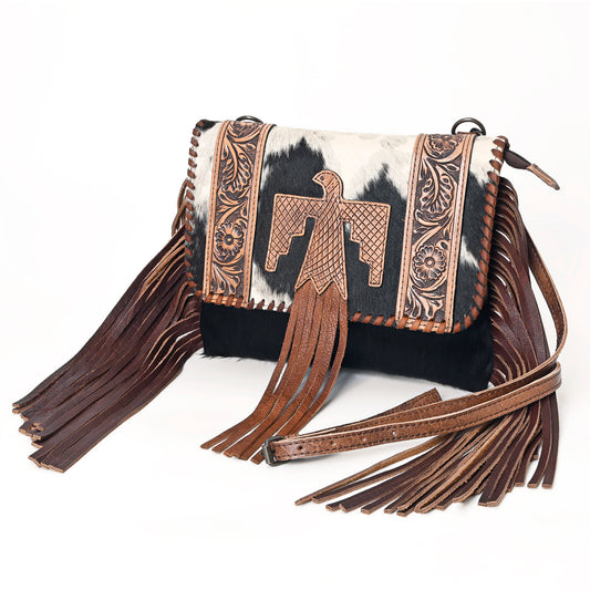 ADBG499BRW Tooled Leather Thunderbird Crossbody Bag with Fringe & Cowhide