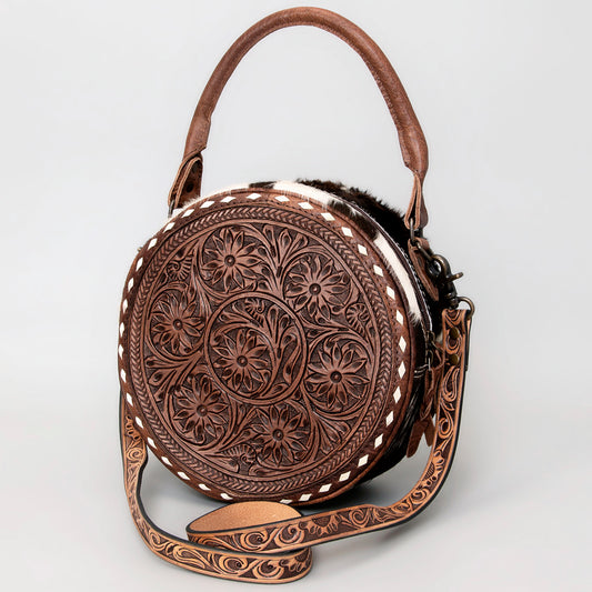 ADBG505 Hand-Tooled Western Canteen Leather Crossbody Bag with Feather Headdress Design American Darling