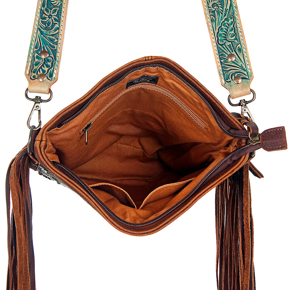 ADBG507 Tooled Leather Fringe Crossbody Bag with Adjustable Strap Western Floral Design