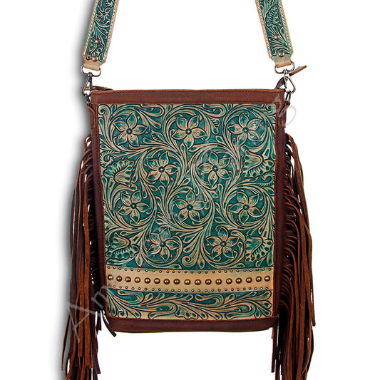 ADBG507 Tooled Leather Fringe Crossbody Bag with Adjustable Strap Western Floral Design