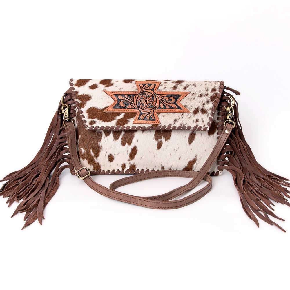 ADBGD106 Hair-On Cowhide Crossbody Bag with Tooled Leather Star Patch & Fringe