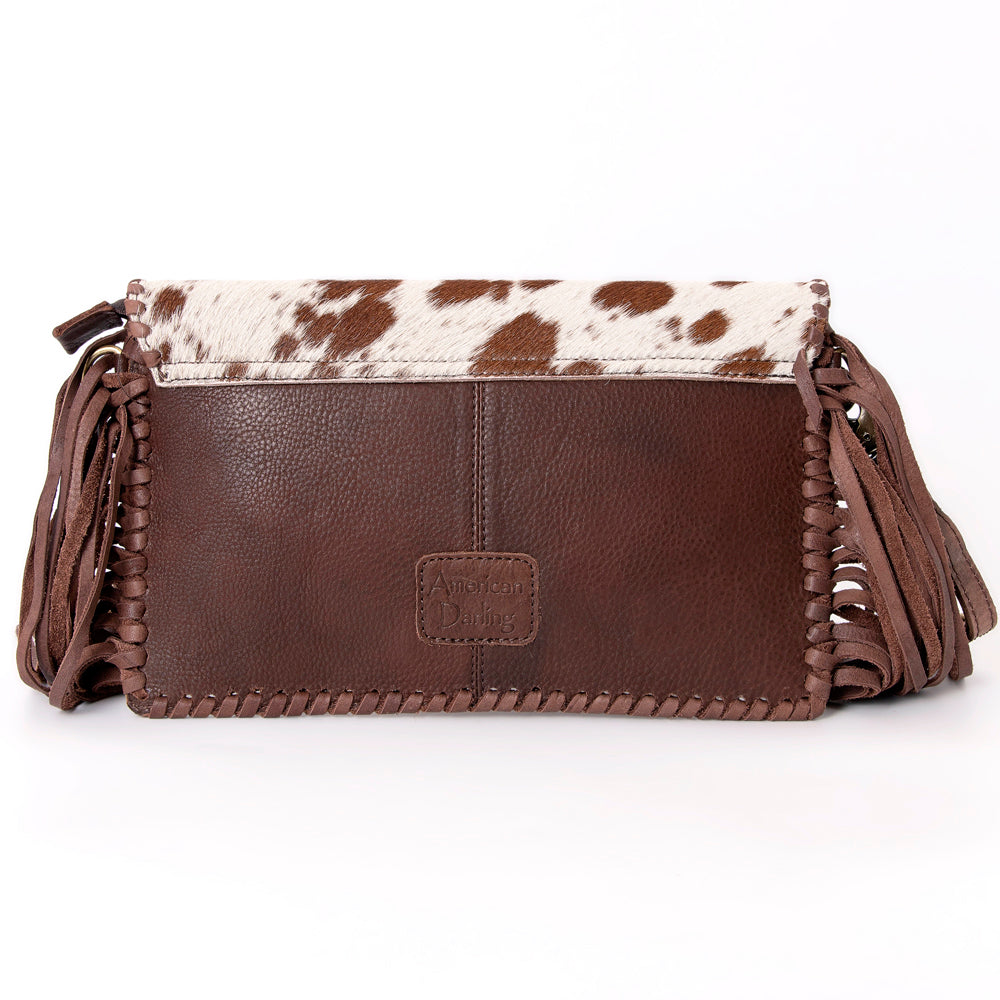 ADBGD106 Hair-On Cowhide Crossbody Bag with Tooled Leather Star Patch & Fringe