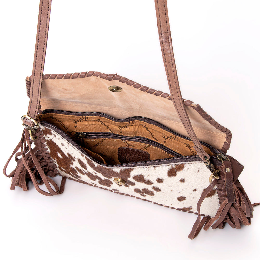 ADBGD106 Hair-On Cowhide Crossbody Bag with Tooled Leather Star Patch & Fringe