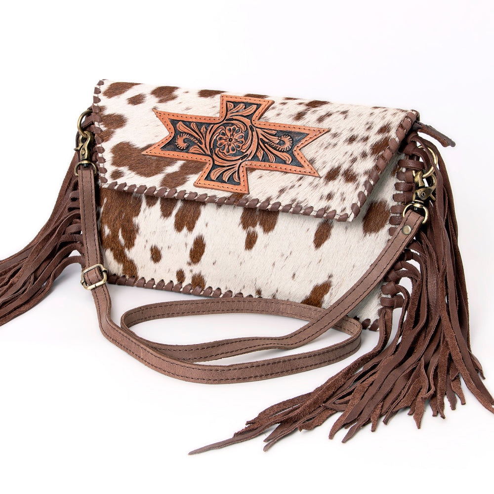 ADBGD106 Hair-On Cowhide Crossbody Bag with Tooled Leather Star Patch & Fringe