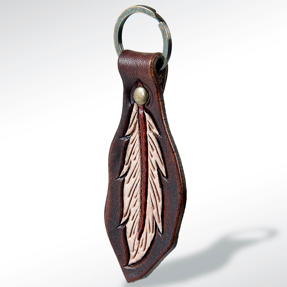 LC-ADKR142 Handcrafted Leather Keyring with Tooled Feather Design