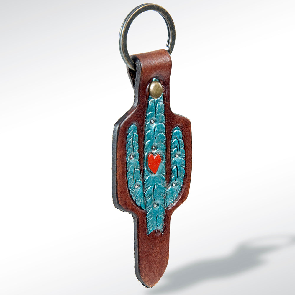 LC-ADKR145 Tooled Leather Cactus Keyring with Heart Accent   Western Style