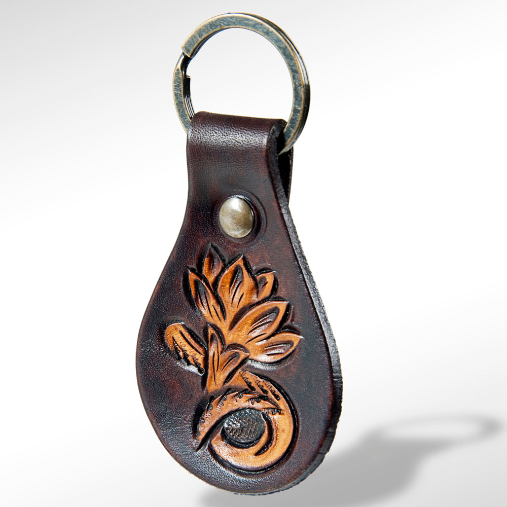 LC-ADKR150 Tooled Leather Keyring   Floral Bloom Design in Dark Brown