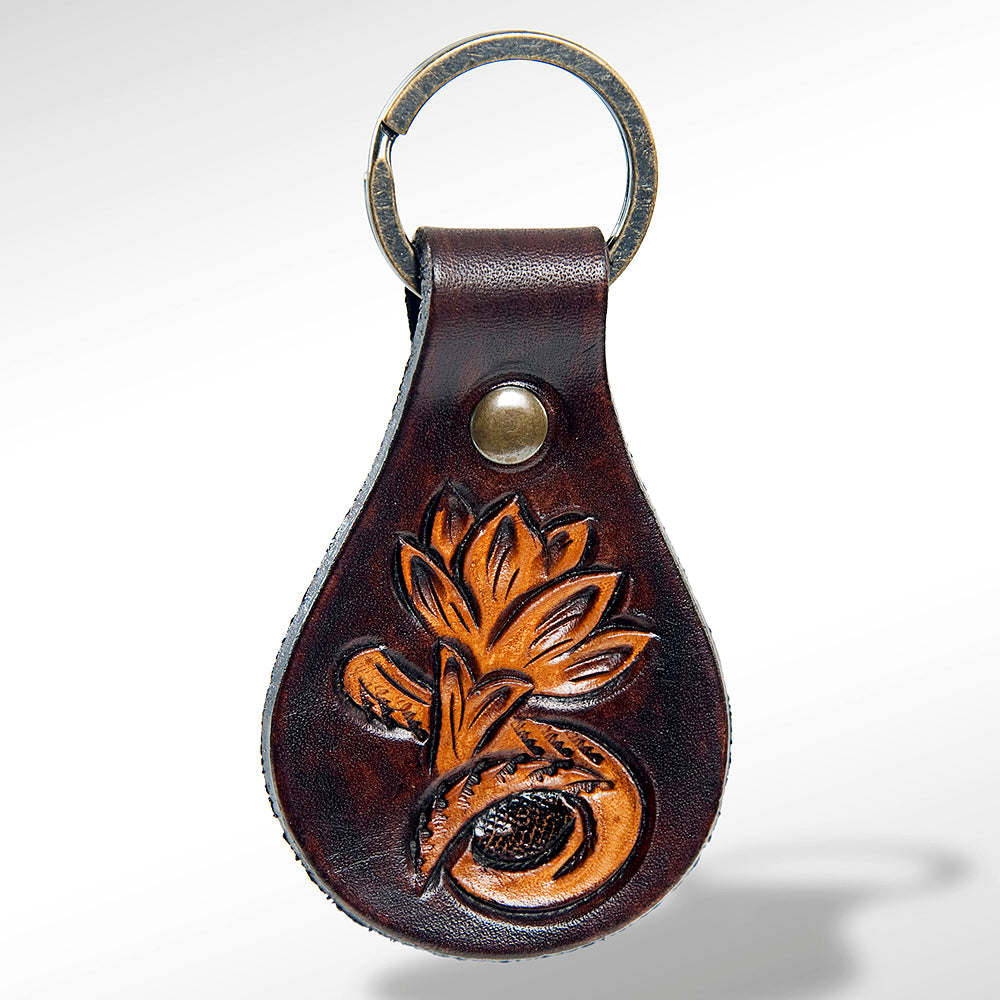 LC-ADKR150 Tooled Leather Keyring   Floral Bloom Design in Dark Brown
