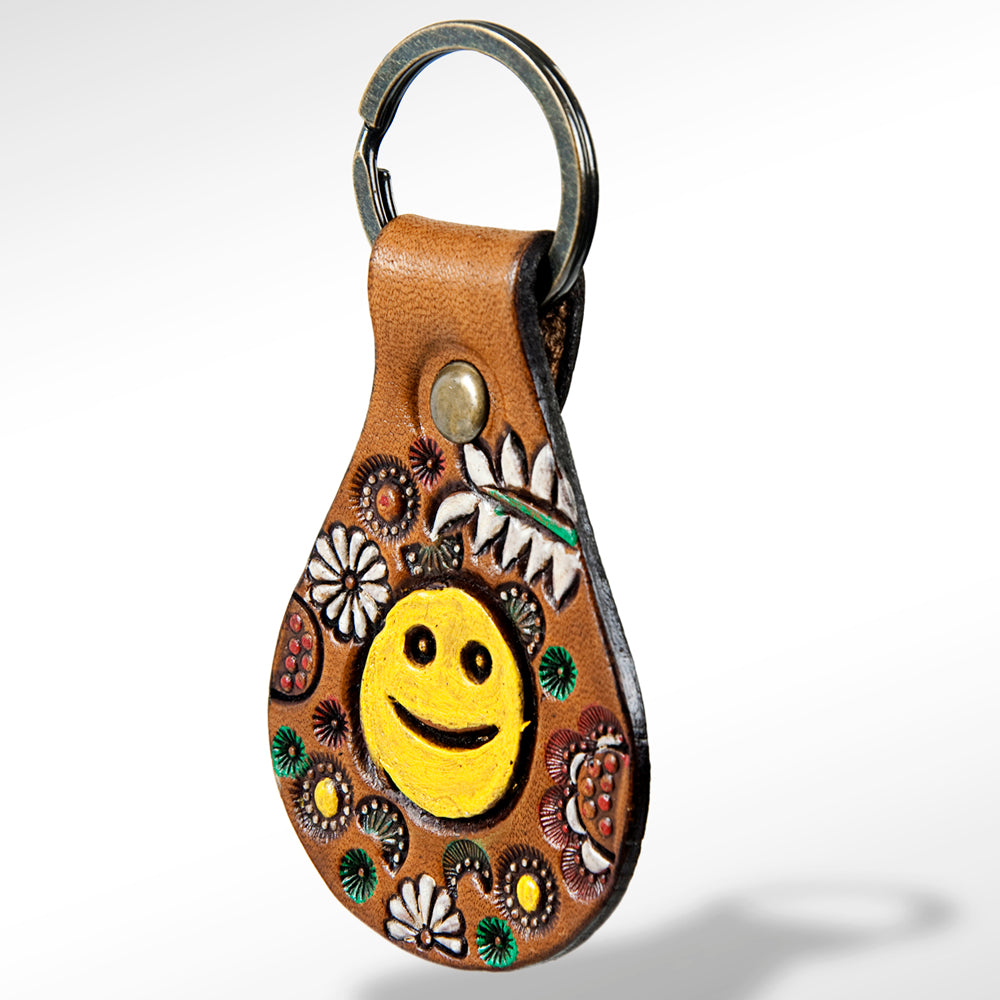 LC-ADKR152 Tooled Leather Keyring   Smiley Face & Floral Design