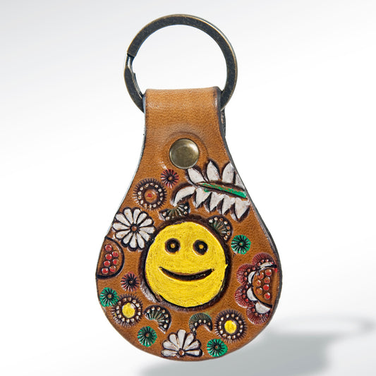 LC-ADKR152 Tooled Leather Keyring   Smiley Face & Floral Design