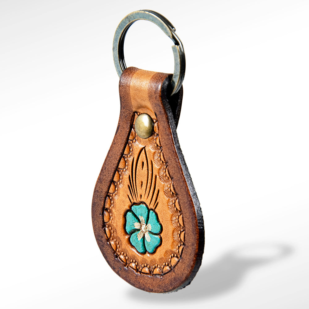 LC-ADKR153 Tooled Leather Keyring   Turquoise Flower Design