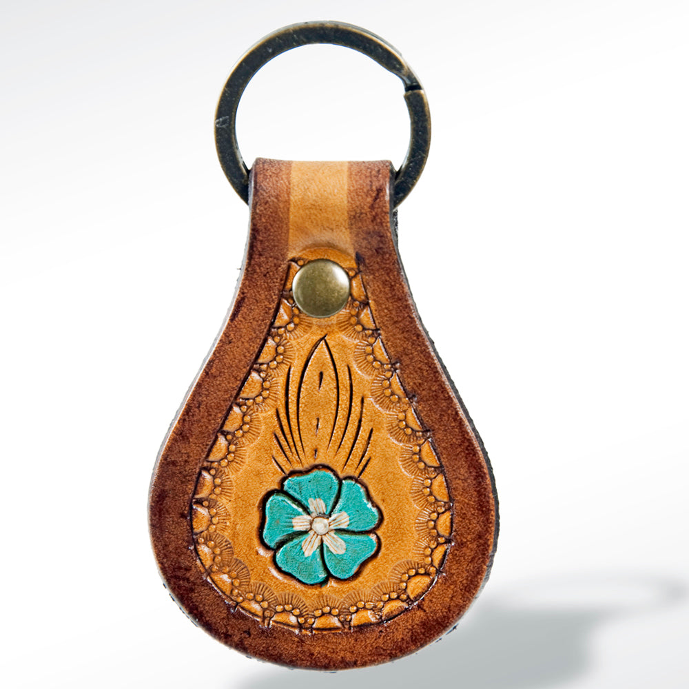 LC-ADKR153 Tooled Leather Keyring   Turquoise Flower Design