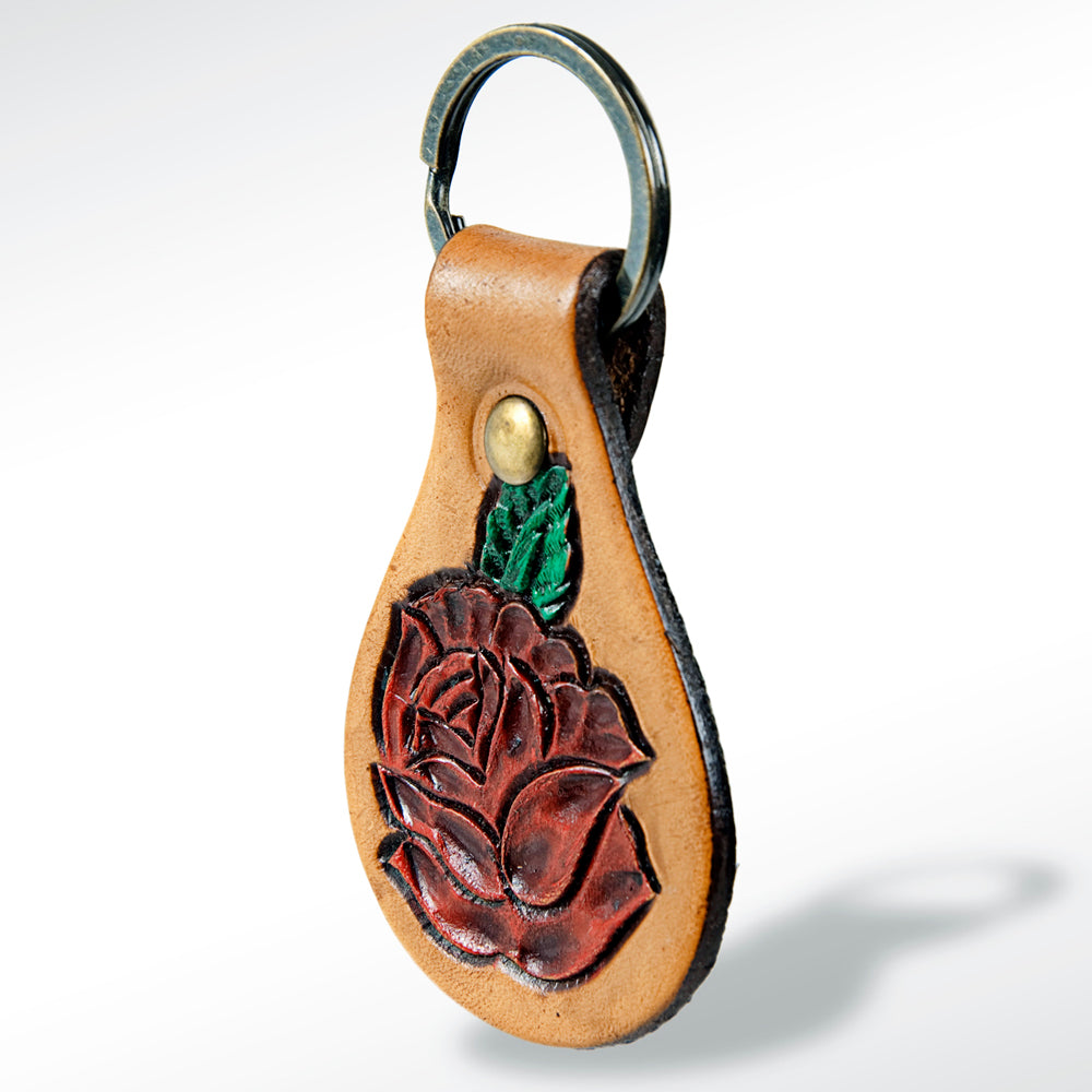 LC-ADKR157 Tooled Leather Keyring   Red Flower Design