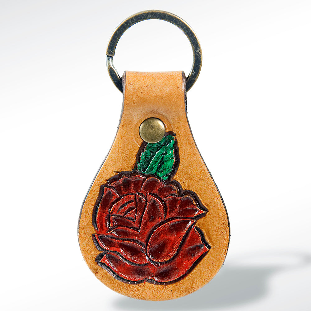 LC-ADKR157 Tooled Leather Keyring   Red Flower Design