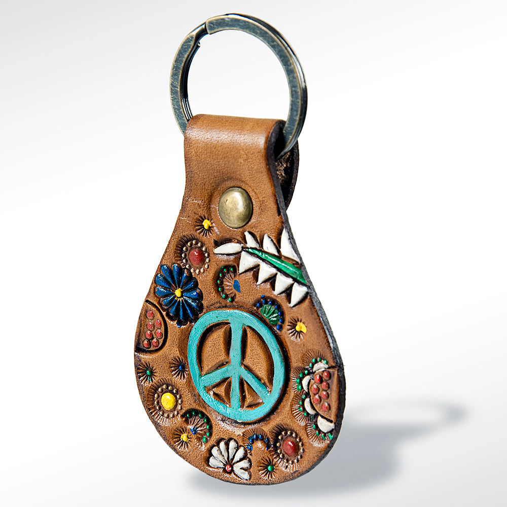 LC-ADKR158 Tooled Leather Keychain   turquoise Peace Sign & Flowers