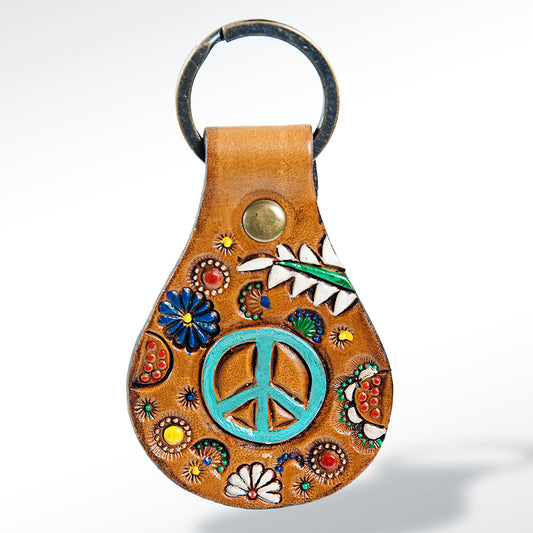LC-ADKR158 Tooled Leather Keychain   turquoise Peace Sign & Flowers