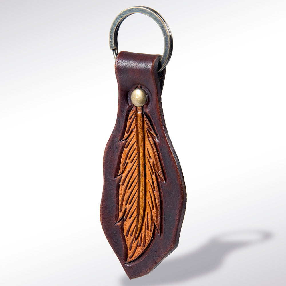 LC-ADKR159 Tooled Leather Feather Keyring  warm brown Western Leaf Shape