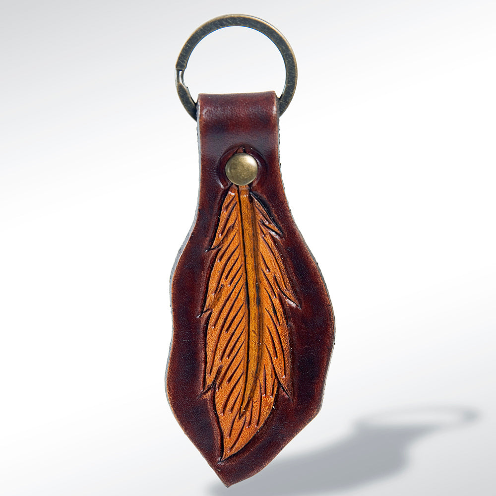 LC-ADKR159 Tooled Leather Feather Keyring  warm brown Western Leaf Shape