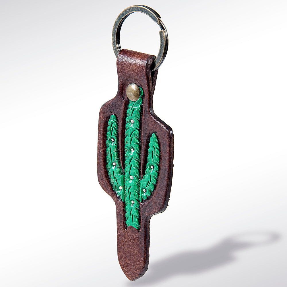 LC-ADKR161 Tooled Leather Green Cactus Keyring   Western Saguaro Design