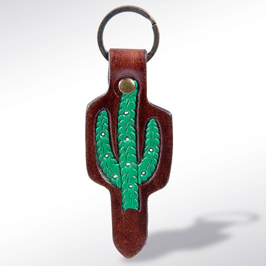 LC-ADKR161 Tooled Leather Green Cactus Keyring   Western Saguaro Design