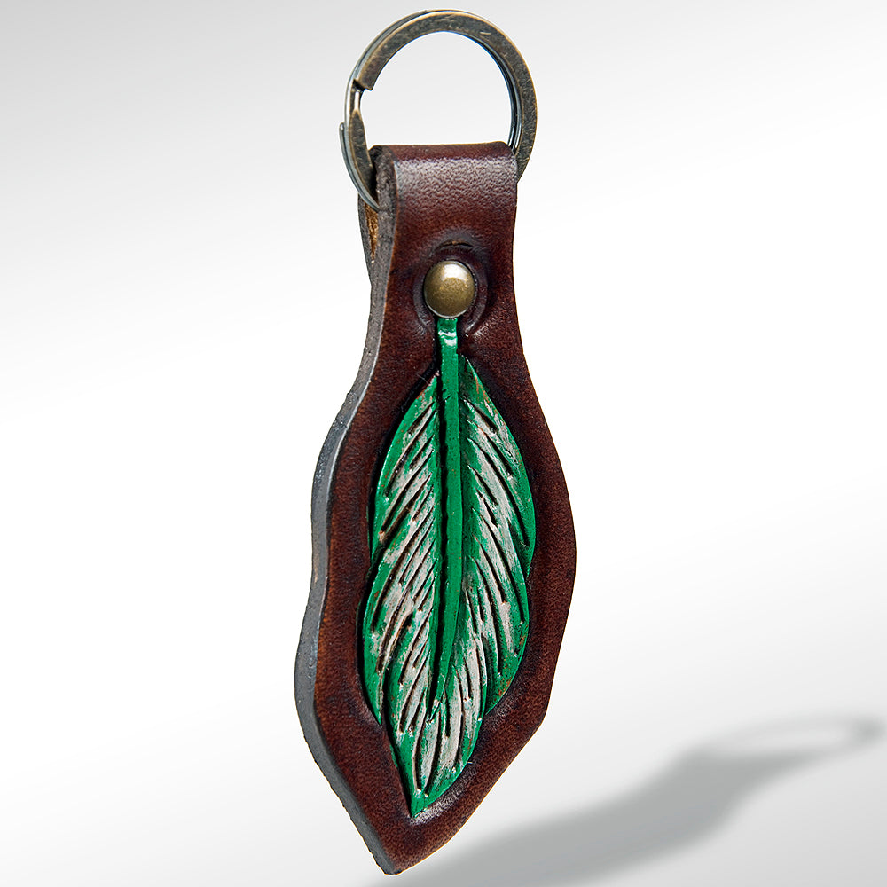LC-ADKR162 Tooled Leather Feather Keyring   Green & White Western Design