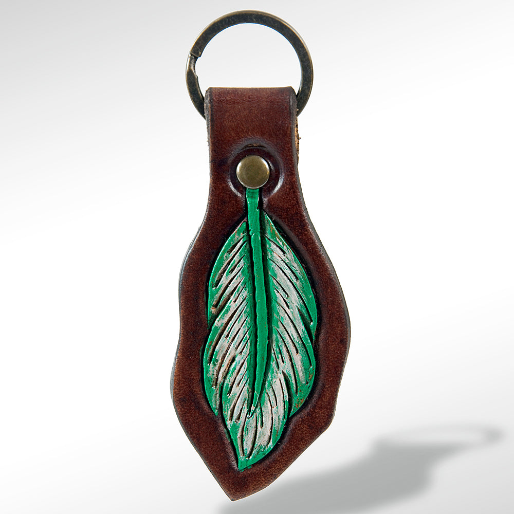 LC-ADKR162 Tooled Leather Feather Keyring   Green & White Western Design