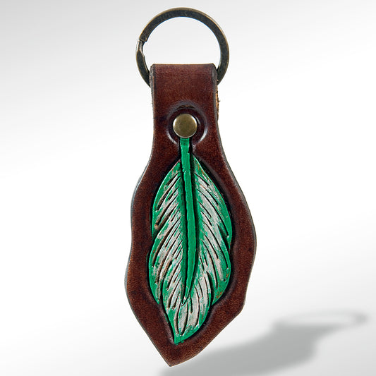 LC-ADKR162 Tooled Leather Feather Keyring   Green & White Western Design