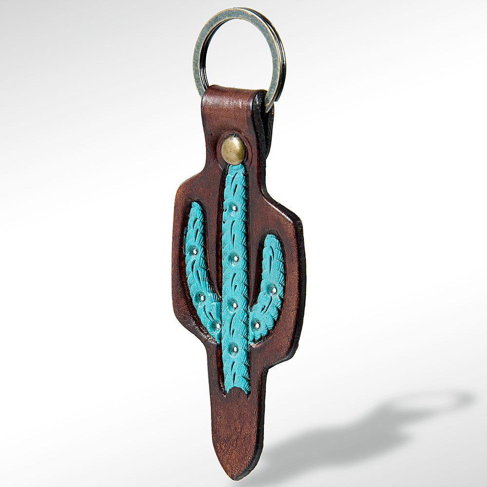 LC-ADKR163 Tooled Leather Turquoise Cactus keyring   Western Saguaro Design