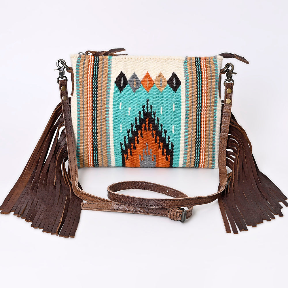 ADBG236 Southwestern Handwoven Crossbody Bag with Leather Fringe and Adjustable Strap