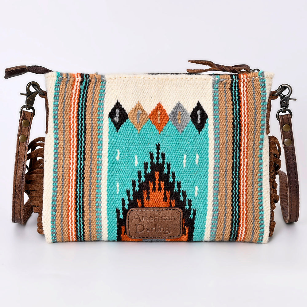 ADBG236 Southwestern Handwoven Crossbody Bag with Leather Fringe and Adjustable Strap