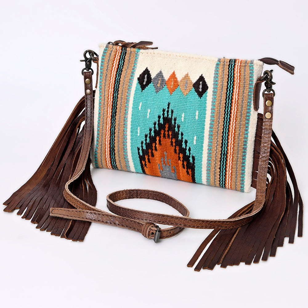 ADBG236 Southwestern Handwoven Crossbody Bag with Leather Fringe and Adjustable Strap