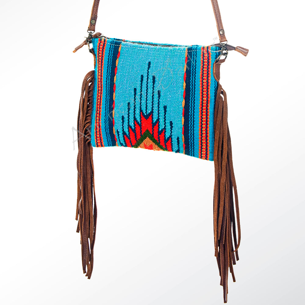 ADBG236 Handwoven Southwestern Fringe Shoulder Bag with Leather Fringe - Multicolor Pattern