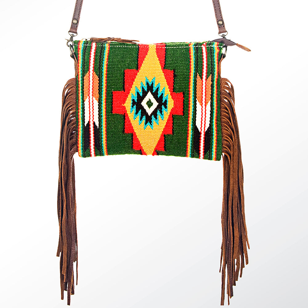 ADBG236 Handwoven Southwestern Fringe Shoulder Bag with Leather Fringe - Multicolor Pattern