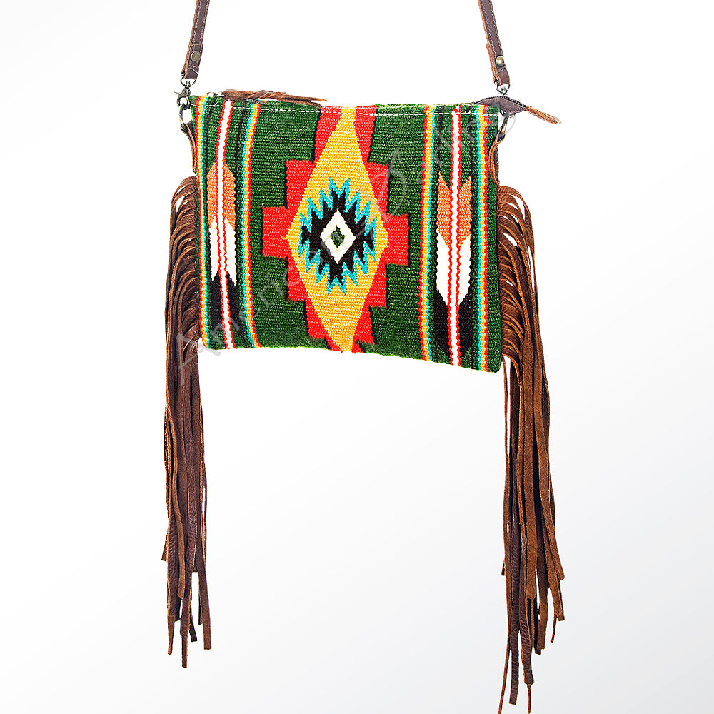 ADBG236 Handwoven Southwestern Fringe Shoulder Bag with Leather Fringe - Multicolor Pattern