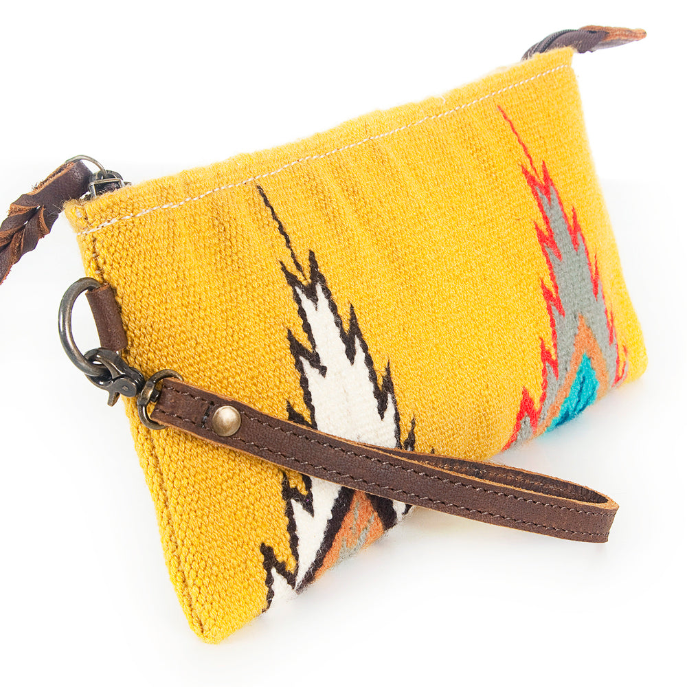 ADBG344 Multicolor Southwestern Wool Wristlet Clutch with Tribal Pattern and Leather Strap