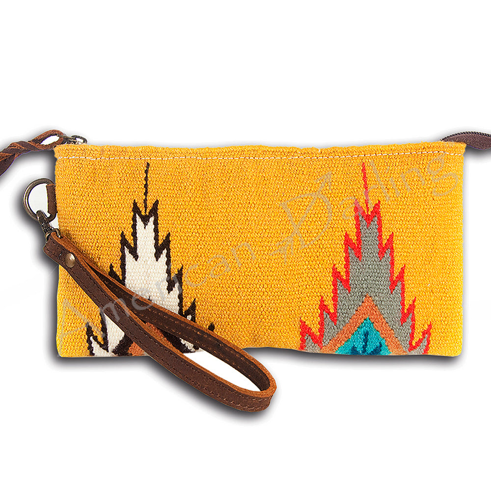 ADBG344 Multicolor Southwestern Wool Wristlet Clutch with Tribal Pattern and Leather Strap