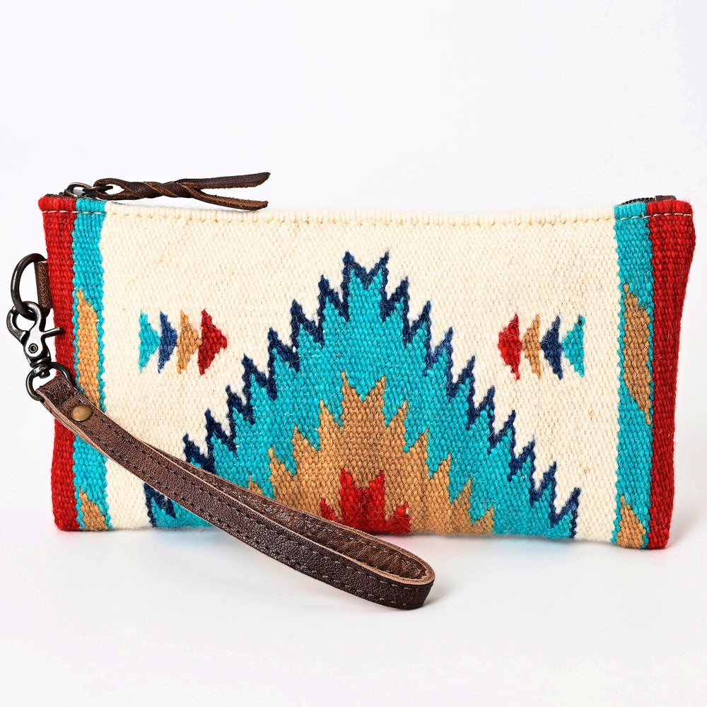 ADBG344 Southwestern Wool Wristlet Clutch with Tribal Pattern and Leather Strap