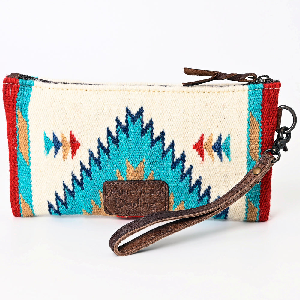 ADBG344 Southwestern Wool Wristlet Clutch with Tribal Pattern and Leather Strap