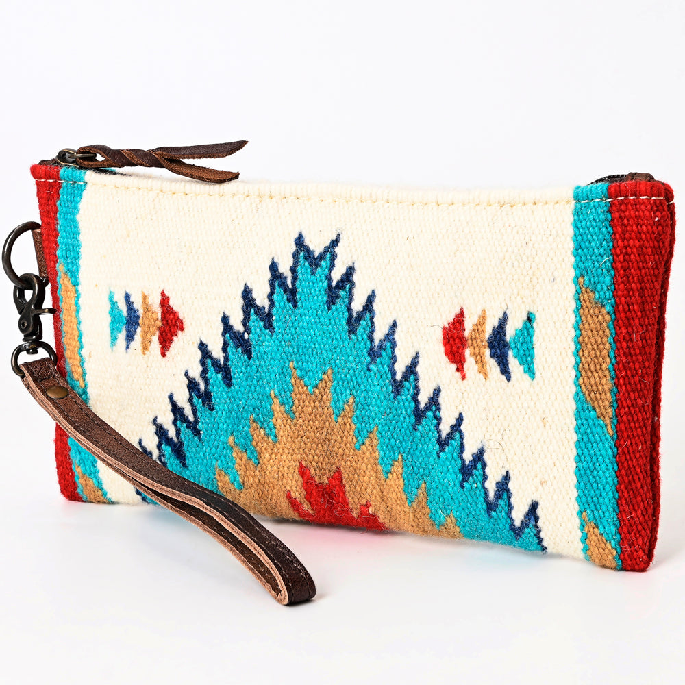 ADBG344 Southwestern Wool Wristlet Clutch with Tribal Pattern and Leather Strap