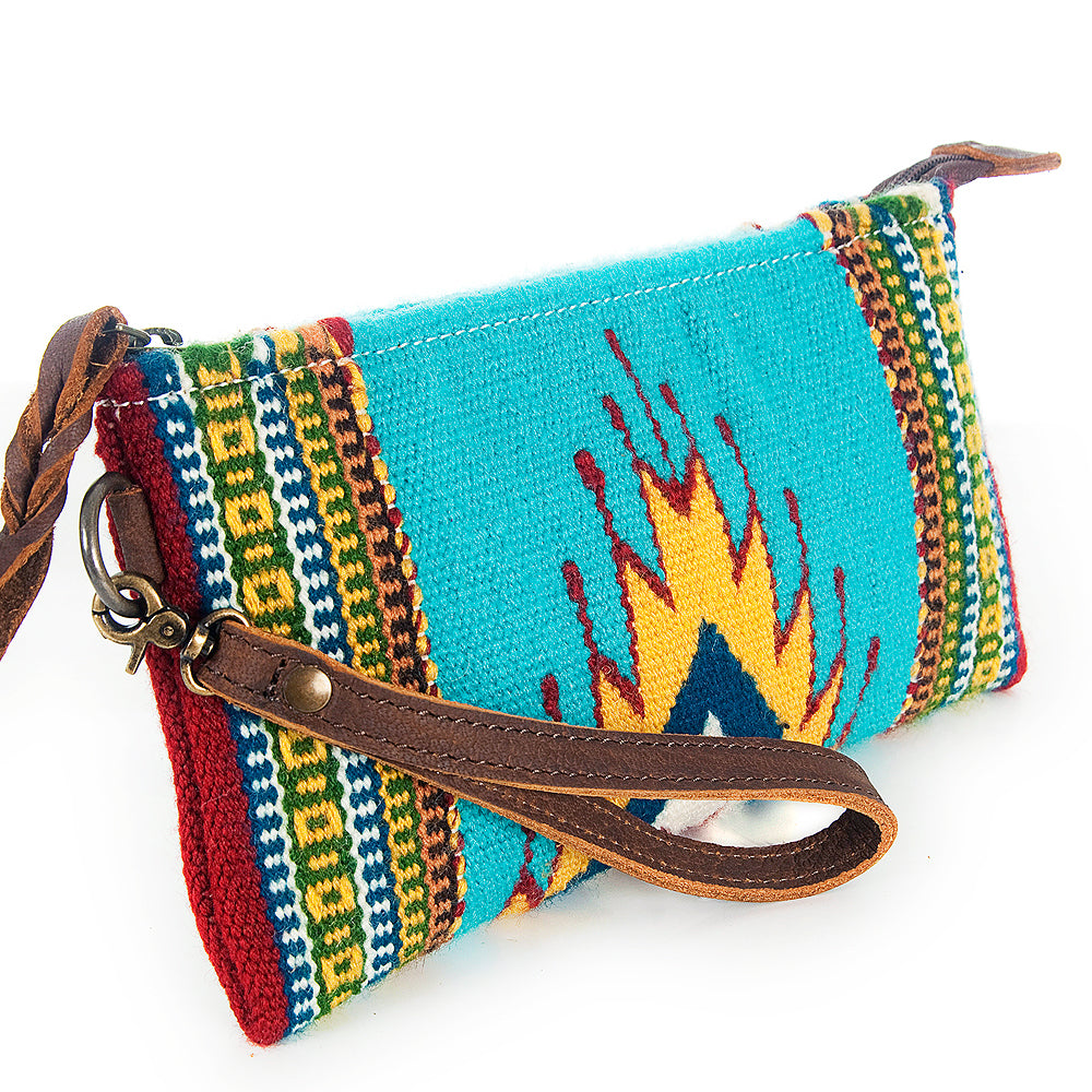 ADBG344 Southwestern Wool Wristlet Clutch with Tribal Pattern & Leather Strap