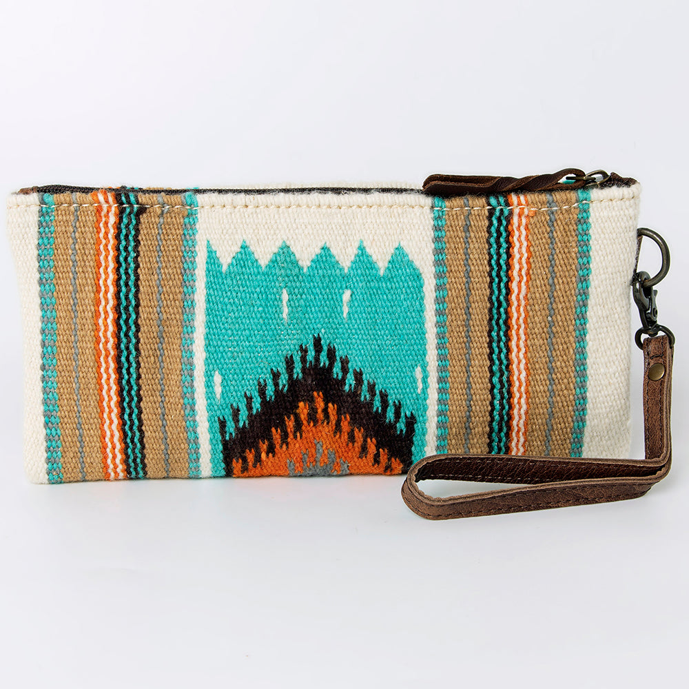 ADBG344 Southwestern Wool Wristlet Handwoven Blanket Clutch with Leather Strap