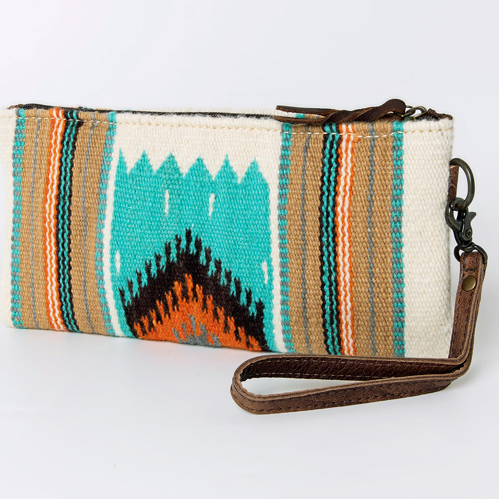 ADBG344 Southwestern Wool Wristlet Handwoven Blanket Clutch with Leather Strap