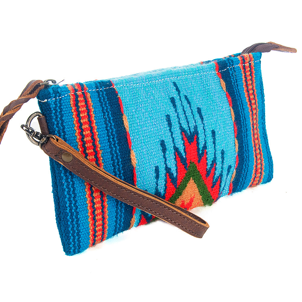 ADBG344 Southwestern Wool Wristlet Handwoven Blanket Clutch with Leather Strap